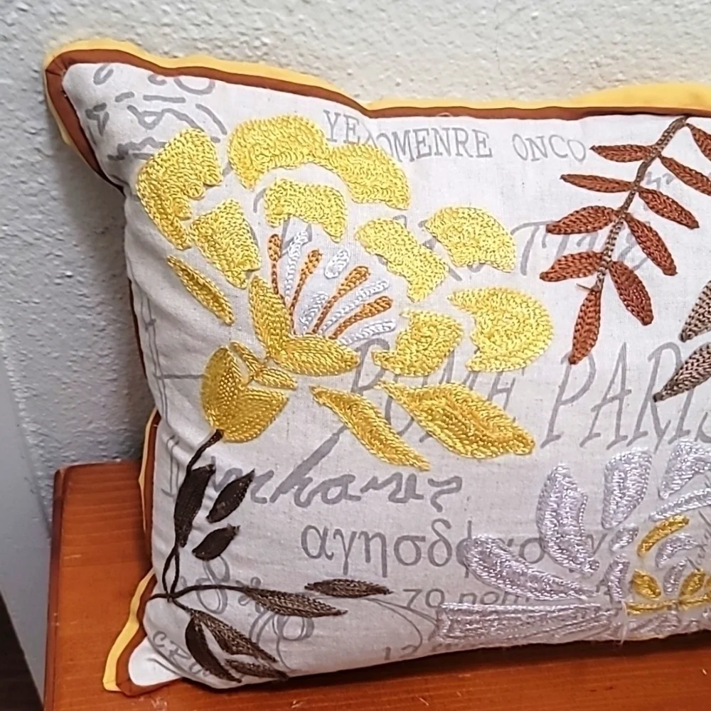 Pier 1 Floral Embroidered Lumbar‎ Pillow Paris Script Yellow Gold 18x12 Accent